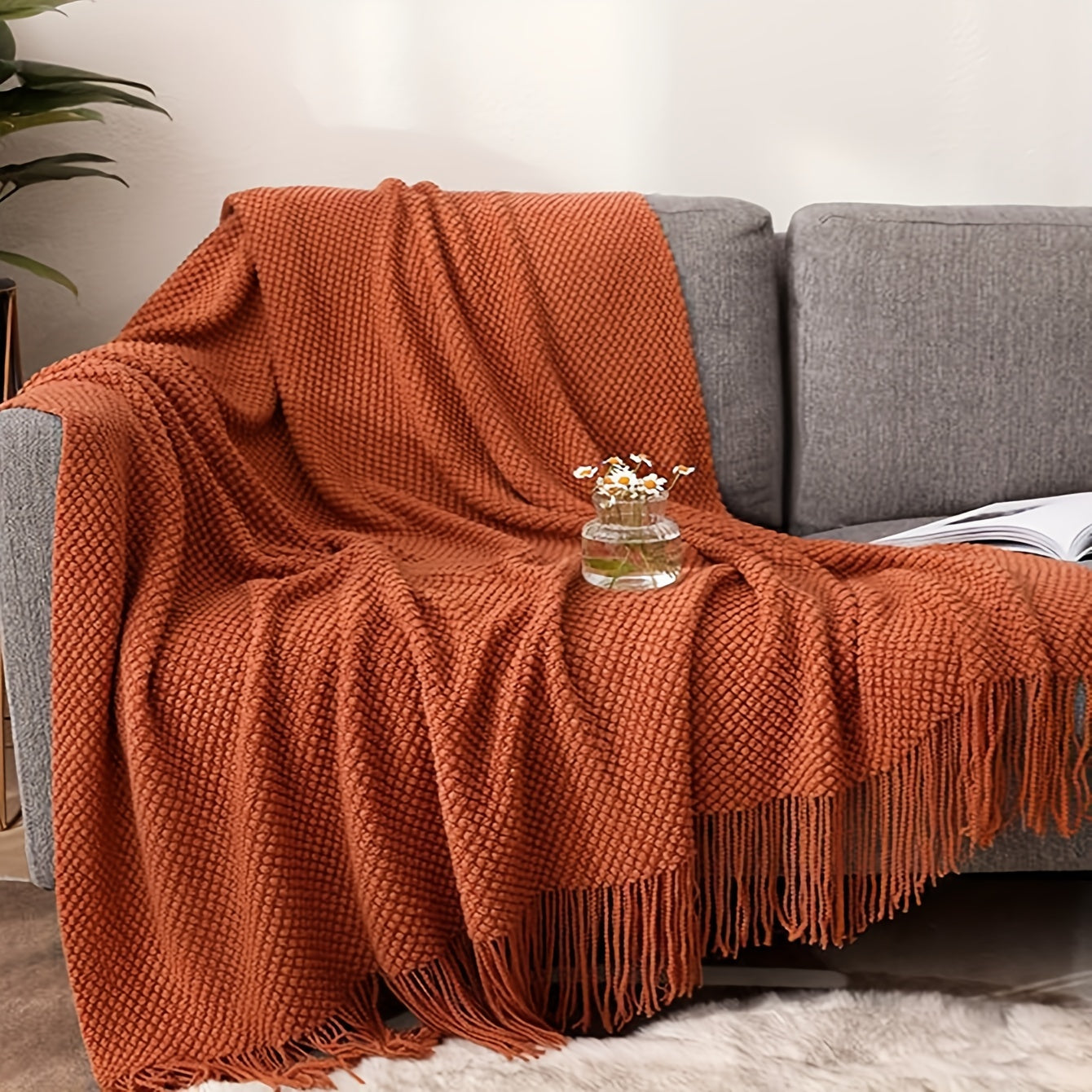1pc Morandi Orange Knitted Blanket, Soft and Comfortable, Machine Washable