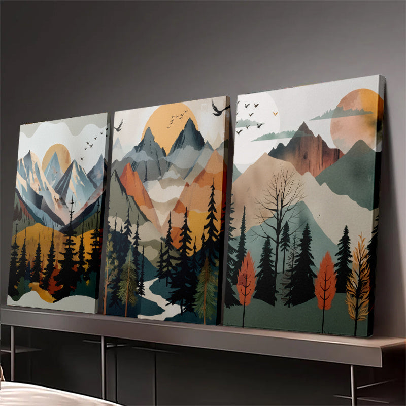 3 Framed Canvas Paintings And Posters, Ready to Hang, Including Frame, Abstract Mountain Forest Landscape Home Decor, Wall Art, Room Decor, HD Print, Holiday Gift, Living Room, Bedroom, Dining Room, Office Decor Painting with