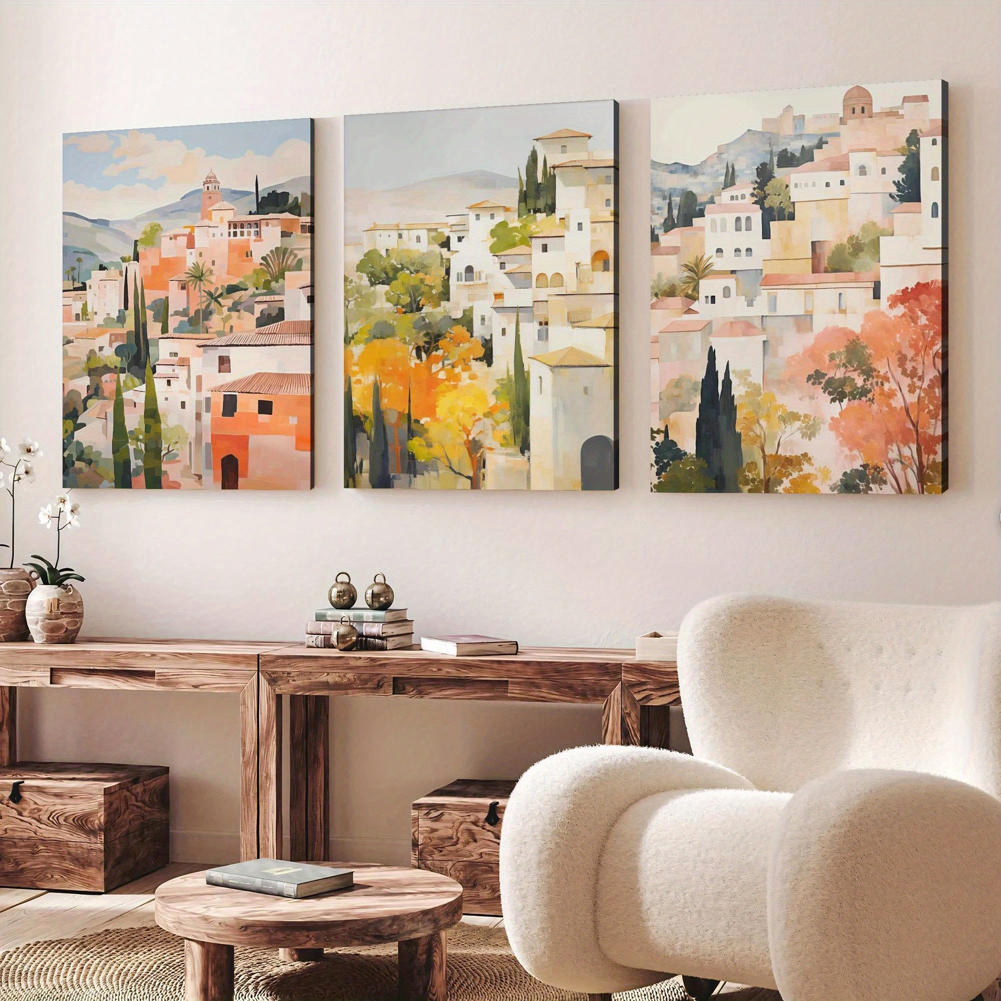 3pcs of Wood Frame Canvas Print Decorative Painting, Granada Spain Posters, Spanish Travel Prints, Spain Travel Art, Floral Wall Art, Spain Art Poster, Tropical Floral Art--Interior Home Wall Decoration Ar
