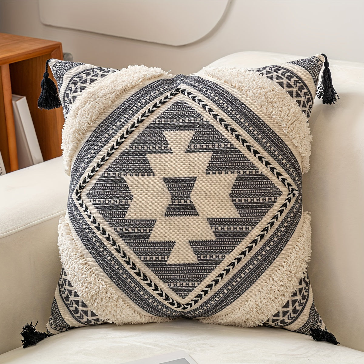 Bohemian Style Woven Throw Pillow Covers with Geometric Patterns and Tassels - Machine Washable Polyester Zippered Square Cushion Cases for Home Decor, Sofa, and Outdoor - 44.96cm Pack of 1
