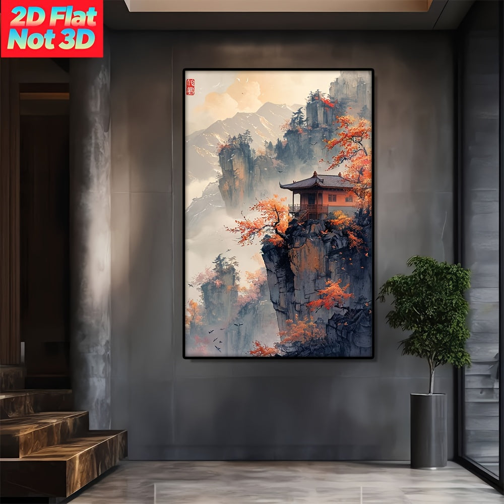 2D Flat, Chinese Mountain Landscape with Red Autumn Trees. Large Wooden Framed Wall Art Home Decor Canvas Painting- for Bedroom, Bathroom, Living Room, Office, Kitchen, Holiday Gift- 1pc, Canvas Wall Art Ready to Hang, Extra