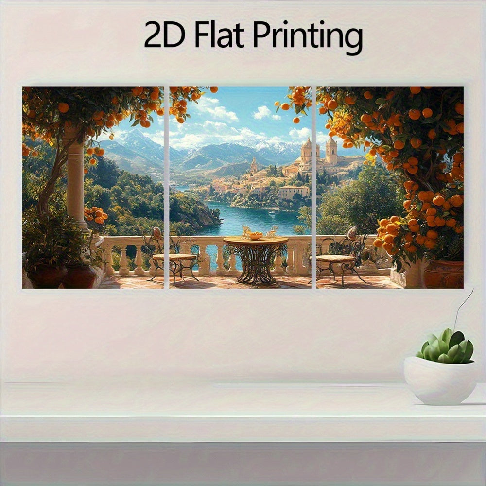 3pcs Andalusia Mediterranean Canvas Art Print, 39.88x59.94cm - Spanish Architecture & Orange Tree Wall Decor, Wooden Frame, Elegant Home or Office Decoration, Spanish Home Decor