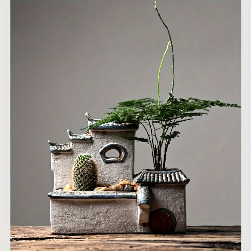 Modern Ceramic Zen House Succulent Planter – Indoor/Outdoor Decorative Bonsai Pot with Pagoda Roof, White Ceramic Miniature Landscape for Home or Office (Plants Not Included), Zen Garden Accessories