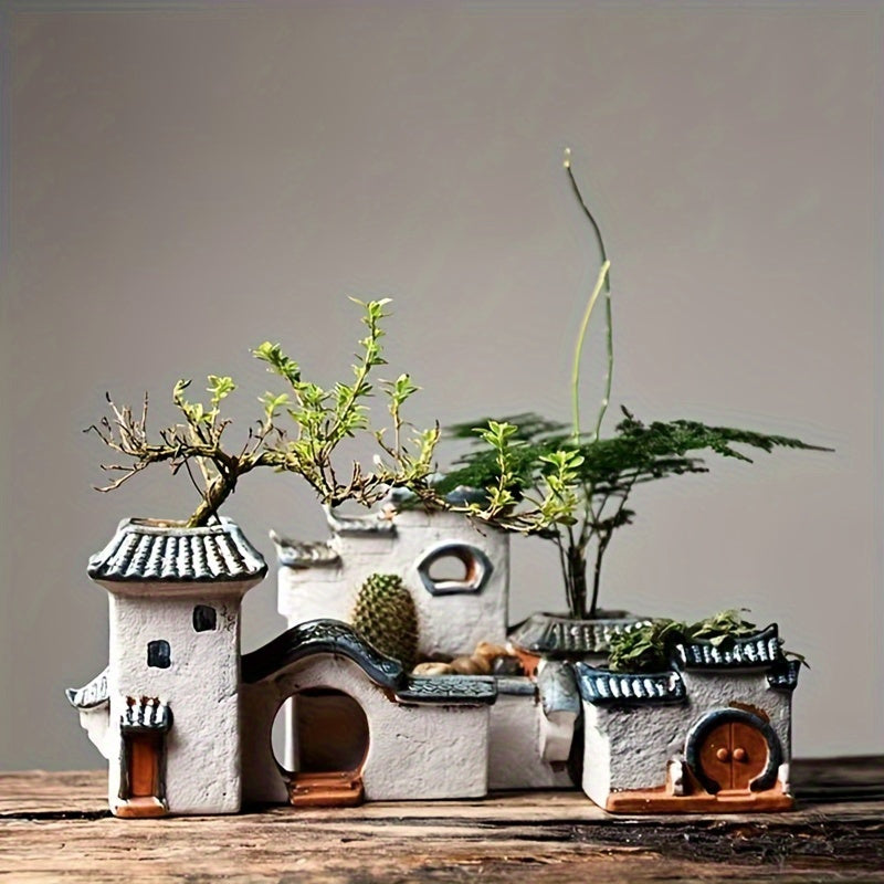 Modern Ceramic Zen House Succulent Planter – Indoor/Outdoor Decorative Bonsai Pot with Pagoda Roof, White Ceramic Miniature Landscape for Home or Office (Plants Not Included), Zen Garden Accessories