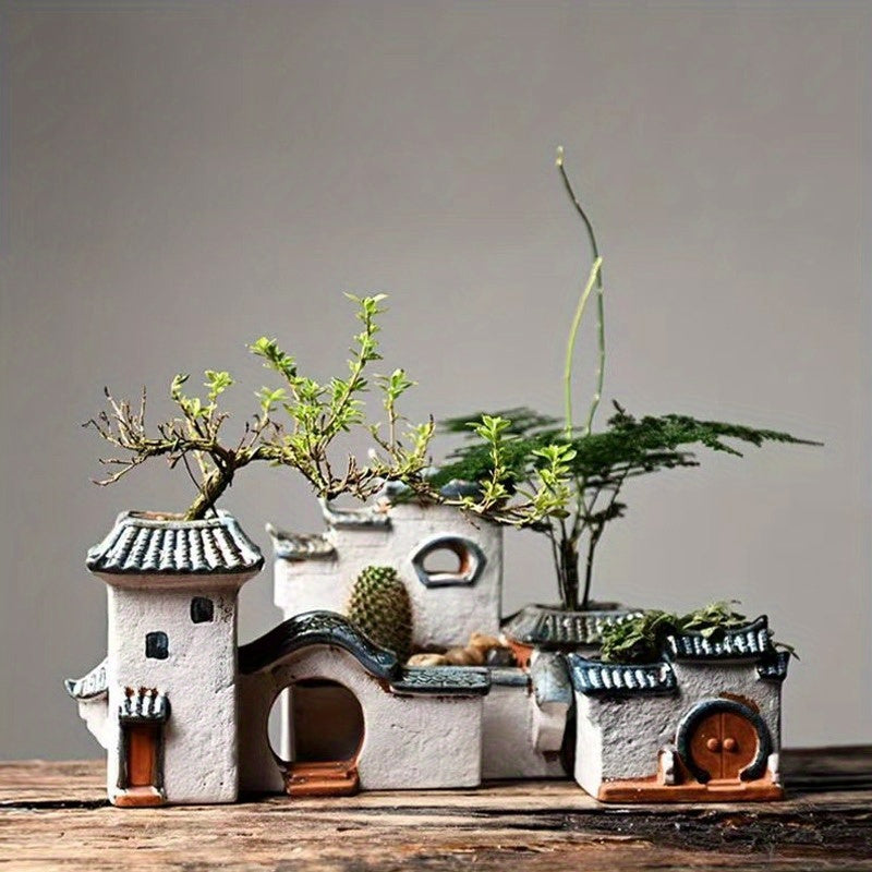 Modern Ceramic Zen House Succulent Planter – Indoor/Outdoor Decorative Bonsai Pot with Pagoda Roof, White Ceramic Miniature Landscape for Home or Office (Plants Not Included), Zen Garden Accessories