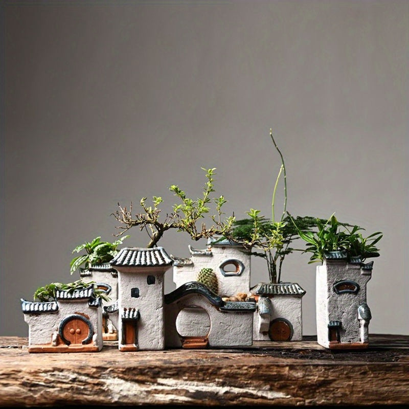 Modern Ceramic Zen House Succulent Planter – Indoor/Outdoor Decorative Bonsai Pot with Pagoda Roof, White Ceramic Miniature Landscape for Home or Office (Plants Not Included), Zen Garden Accessories