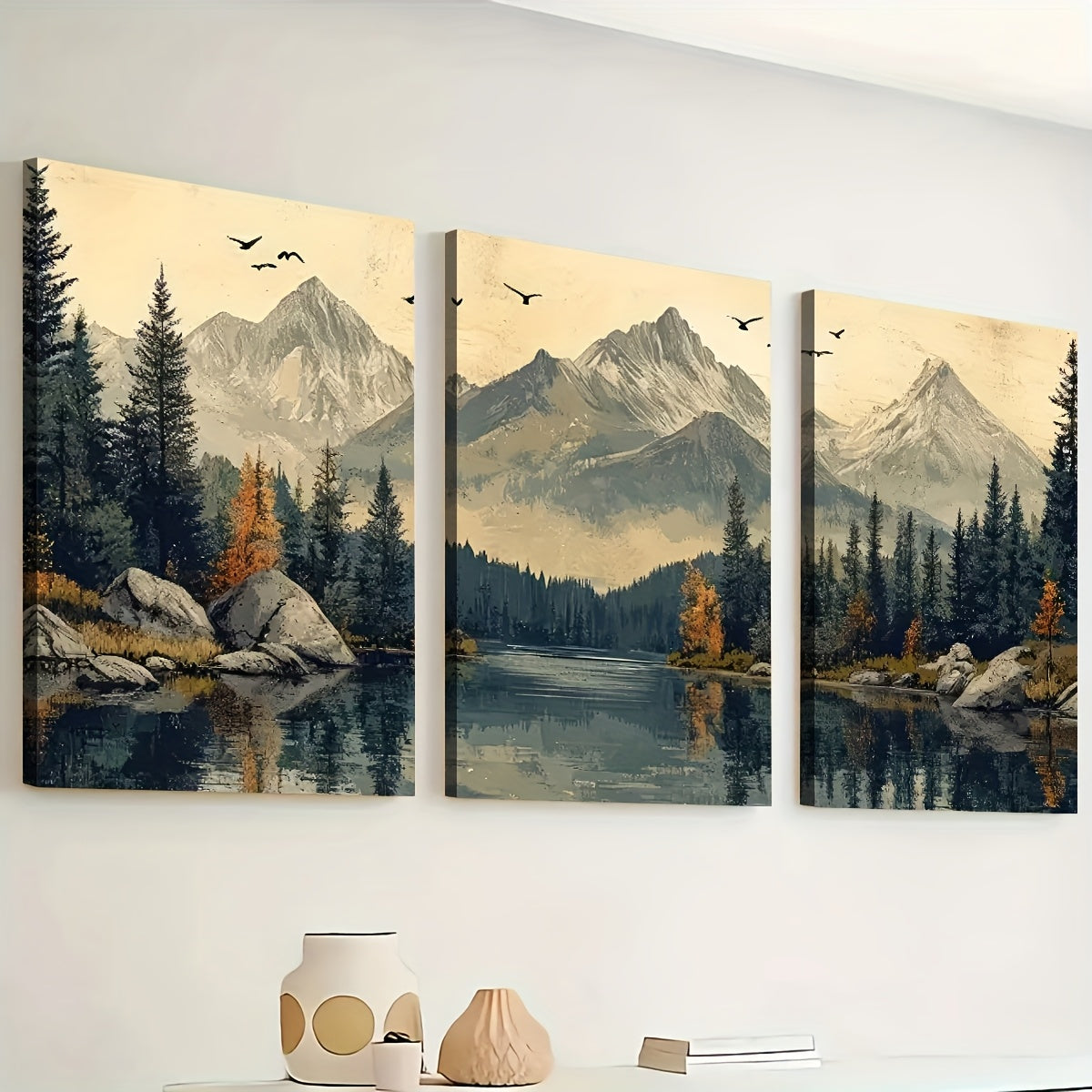 2D Flat, 3pcs 2D/Flat print, Framed canvas painting and poster, Ready to Hanging, Modern Wind Natural Forest Mountain Scenery, Home Decor, Wall art, Room Decor, Printing, Holiday gift, Living Room, Bedroom, Dining Room, Offic