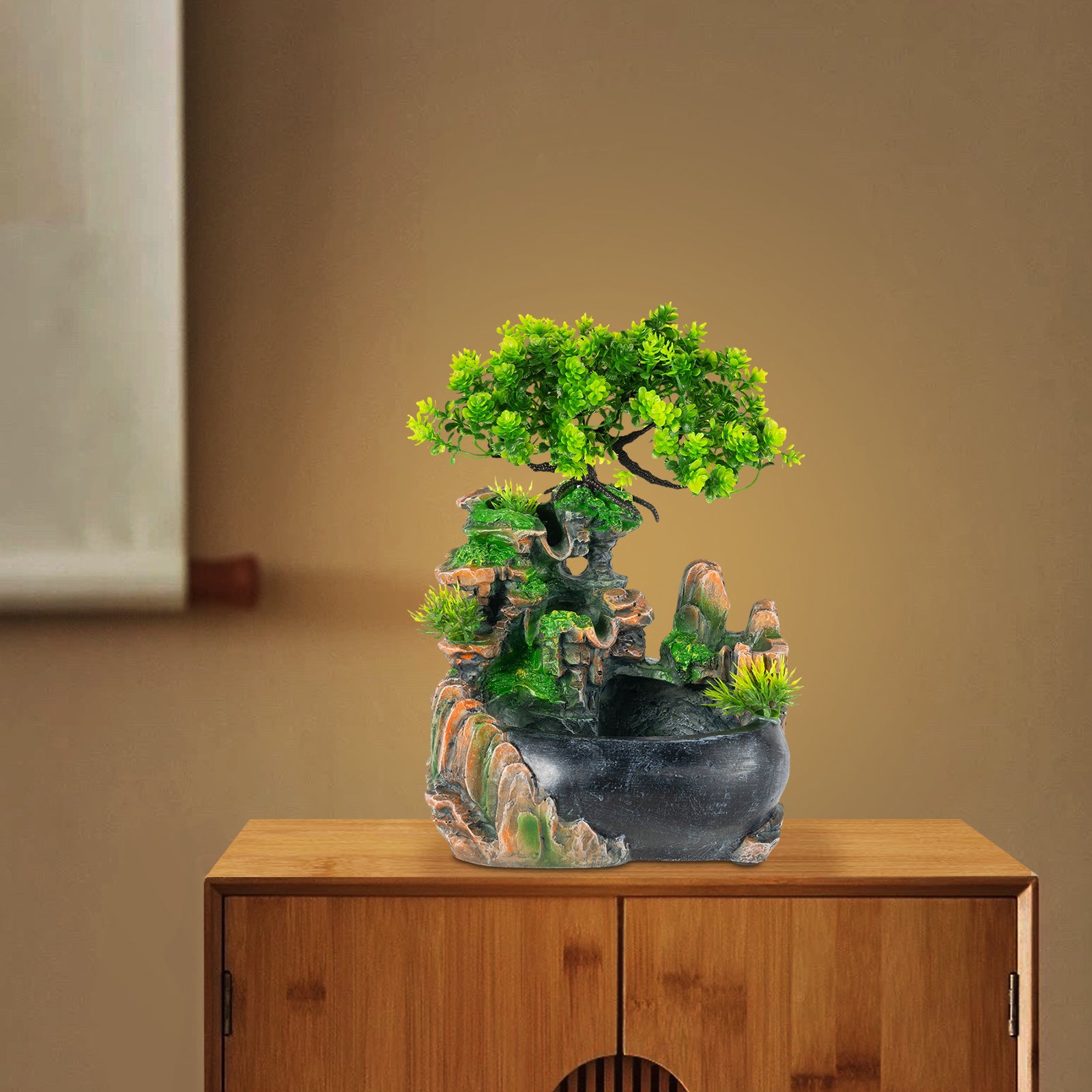 Indoor Resin Rockery Desktop Decoration - Miniature Zen Garden Bonsai Tree with Waterfall & Green Foliage, Self-Sustaining Ecosystem in Jar, No Electricity Needed, Durable Resin Material for Home Office Decor, Holiday Gift (H