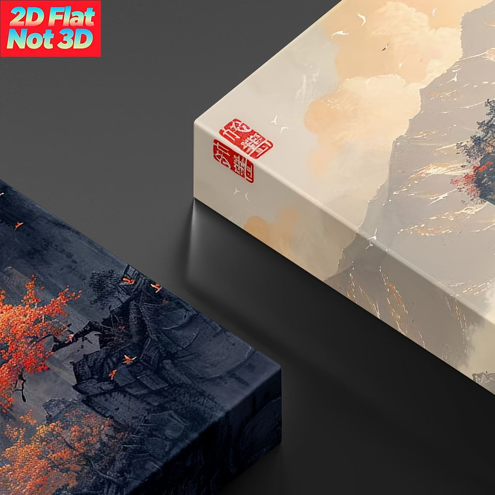 2D Flat, Chinese Mountain Landscape with Red Autumn Trees. Large Wooden Framed Wall Art Home Decor Canvas Painting- for Bedroom, Bathroom, Living Room, Office, Kitchen, Holiday Gift- 1pc, Canvas Wall Art Ready to Hang, Extra