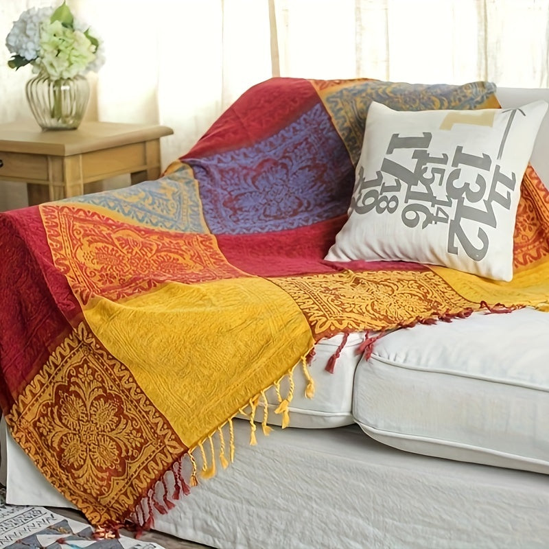 1pc Boho Throw Blanket Nap Blanket Sofa Towel Casual Jacquard Chenille Tassel Blanket Bedspread