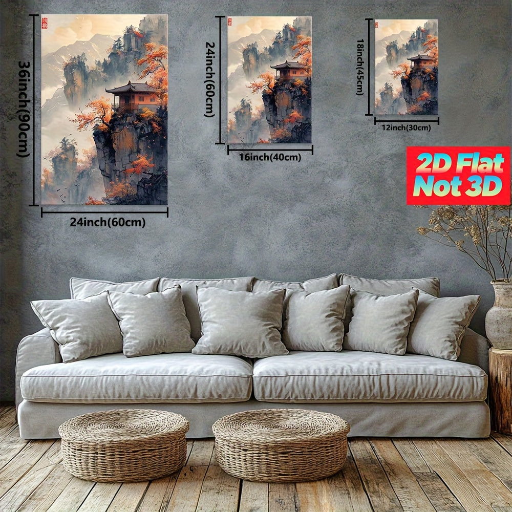 2D Flat, Chinese Mountain Landscape with Red Autumn Trees. Large Wooden Framed Wall Art Home Decor Canvas Painting- for Bedroom, Bathroom, Living Room, Office, Kitchen, Holiday Gift- 1pc, Canvas Wall Art Ready to Hang, Extra