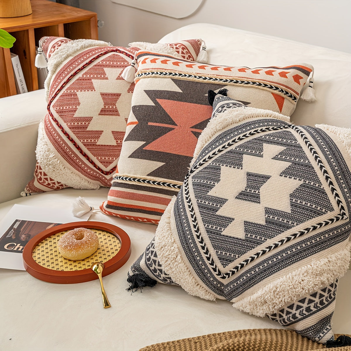 Bohemian Style Woven Throw Pillow Covers with Geometric Patterns and Tassels - Machine Washable Polyester Zippered Square Cushion Cases for Home Decor, Sofa, and Outdoor - 44.96cm Pack of 1