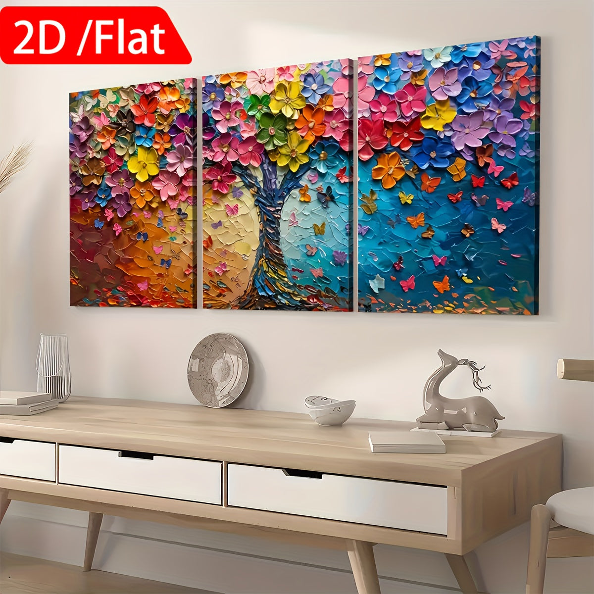2D Flat 3pcs 2D Flat Printing, Abstract Art Style Tree of Life Landscape, Framed Canvas Painting And Poster, Can Be Hung Directly, Home Decoration, Wall Art, Room Decoration, HD Printing, Holiday Gifts, Living Room, Bedroom,