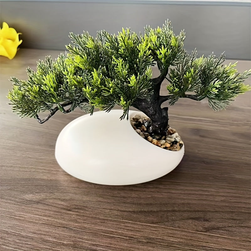 1pc Handmade Artificial Pine Topiary Tree with Lush Green Leaves & Intricate Branches - Realistic Miniature Plastic Plant in Sleek White Pot for Indoor/Outdoor Weddings, Parties, Holidays - All-Season Home & Garden Decor, No
