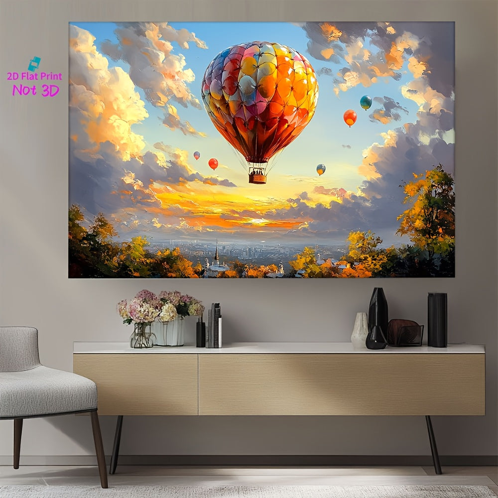 2D Flat, Hot Air Balloons Flying Over A City At Sunset Large Wooden Framed Wall Art Home Decor Canvas Painting- for Bedroom, Bathroom, Living Room, Office, Kitchen, Holiday Gift- 1pc, Office Decor, Home Decoration, Cityscape