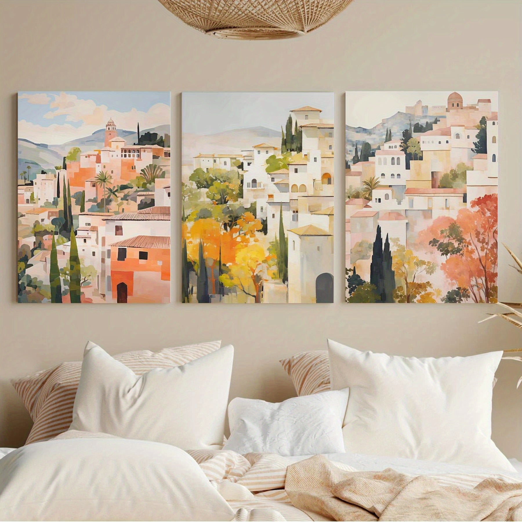 3pcs of Wood Frame Canvas Print Decorative Painting, Granada Spain Posters, Spanish Travel Prints, Spain Travel Art, Floral Wall Art, Spain Art Poster, Tropical Floral Art--Interior Home Wall Decoration Ar