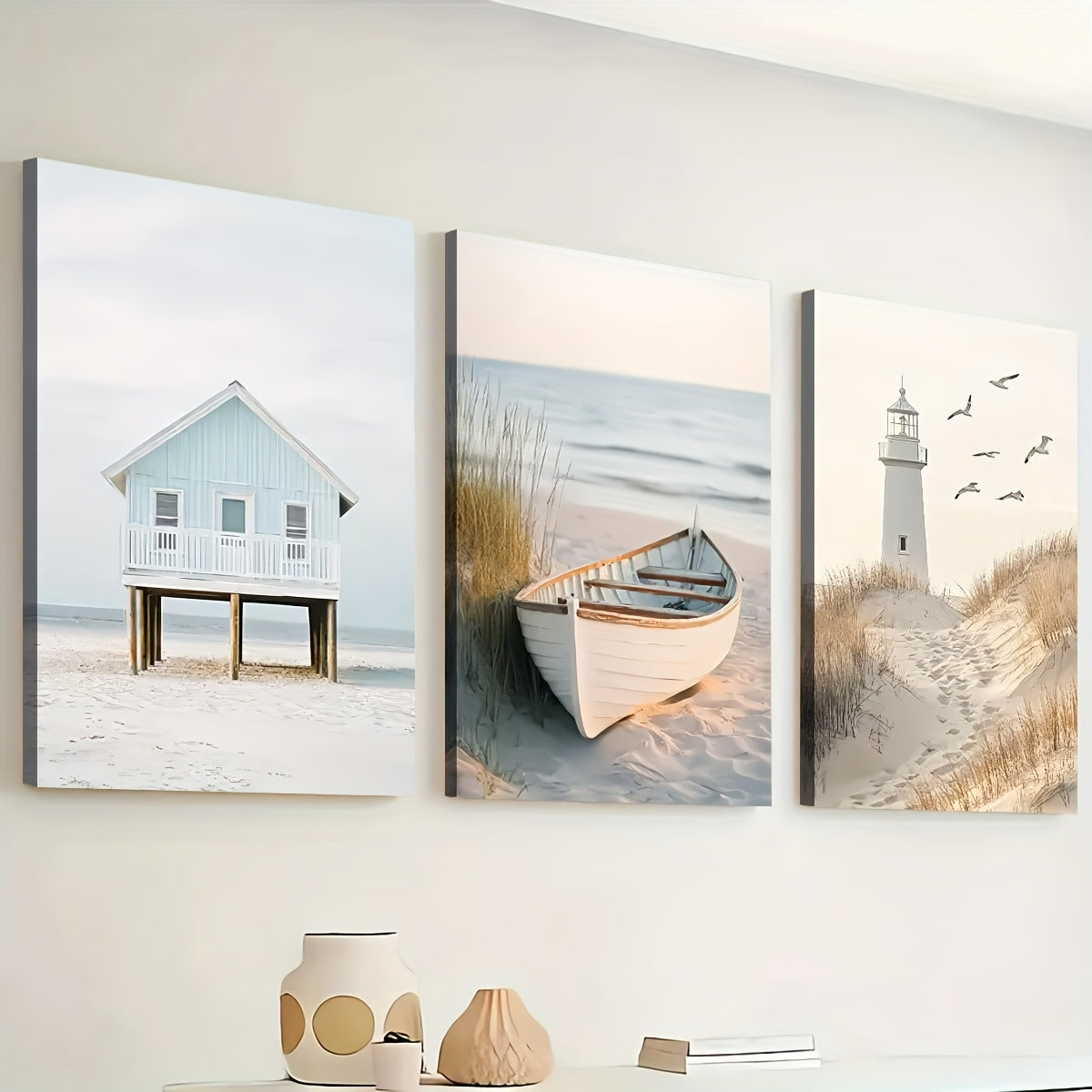 2D Flat, 3pcs 2D/Flat Print, Framed Canvas Painting And Poster, Ready to Hanging, Modern And Simple Seaside Art Scenery, Sailing, Home Decor, Wall Art, Room Decoration, Holiday Gift, Living Room, Bedroom, Dining Room, Office