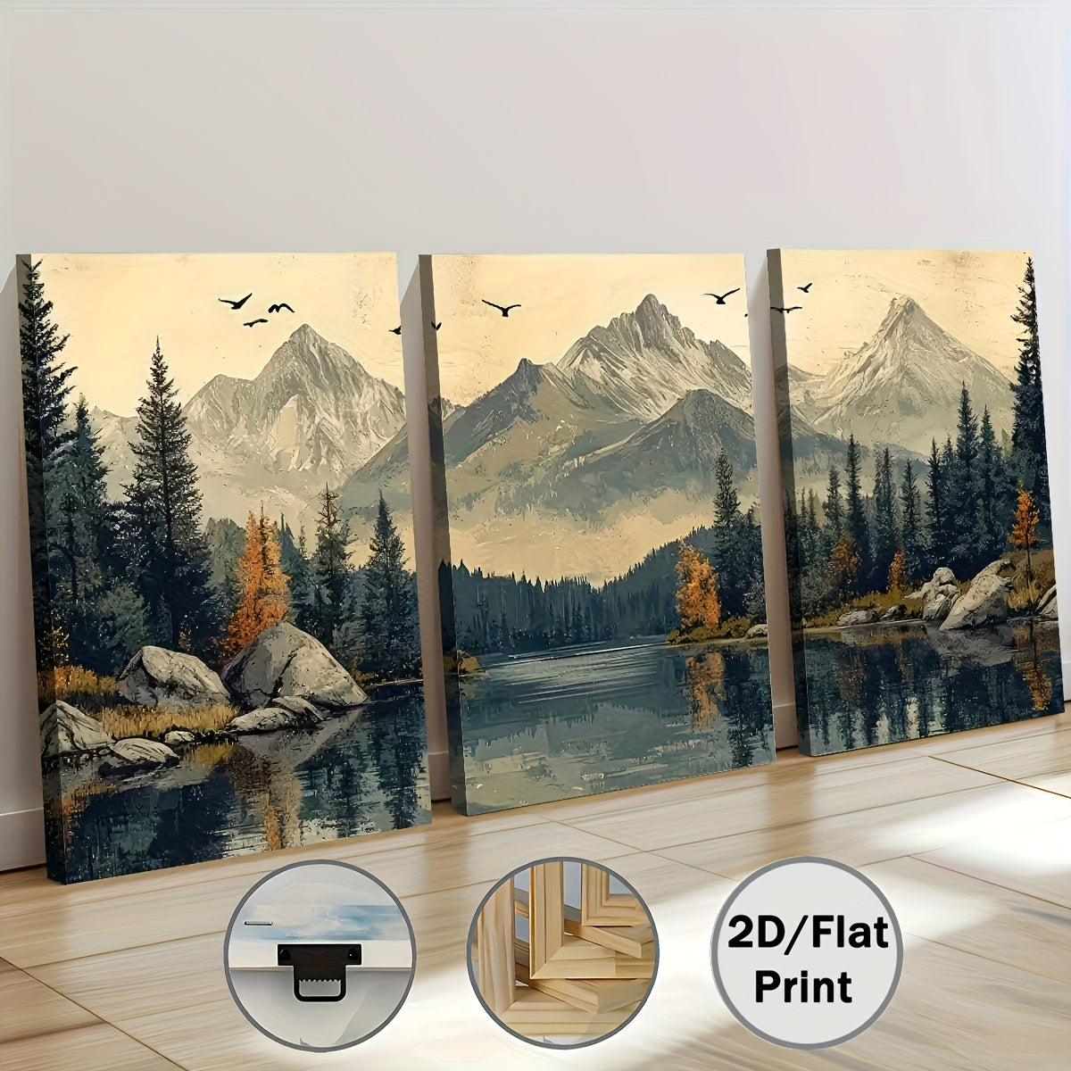 2D Flat, 3pcs 2D/Flat print, Framed canvas painting and poster, Ready to Hanging, Modern Wind Natural Forest Mountain Scenery, Home Decor, Wall art, Room Decor, Printing, Holiday gift, Living Room, Bedroom, Dining Room, Offic