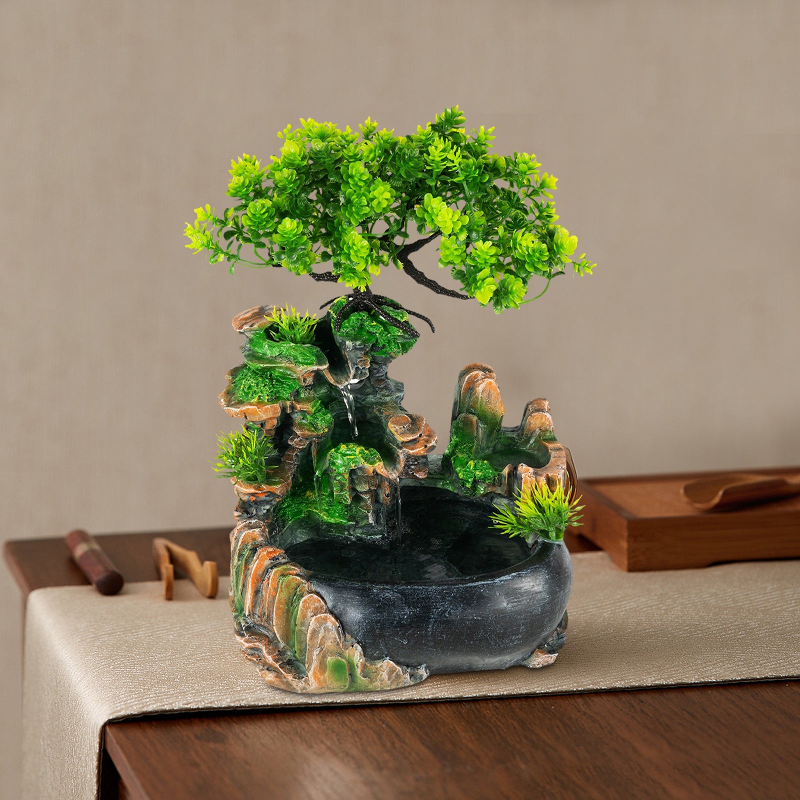 Indoor Resin Rockery Desktop Decoration - Miniature Zen Garden Bonsai Tree with Waterfall & Green Foliage, Self-Sustaining Ecosystem in Jar, No Electricity Needed, Durable Resin Material for Home Office Decor, Holiday Gift (H