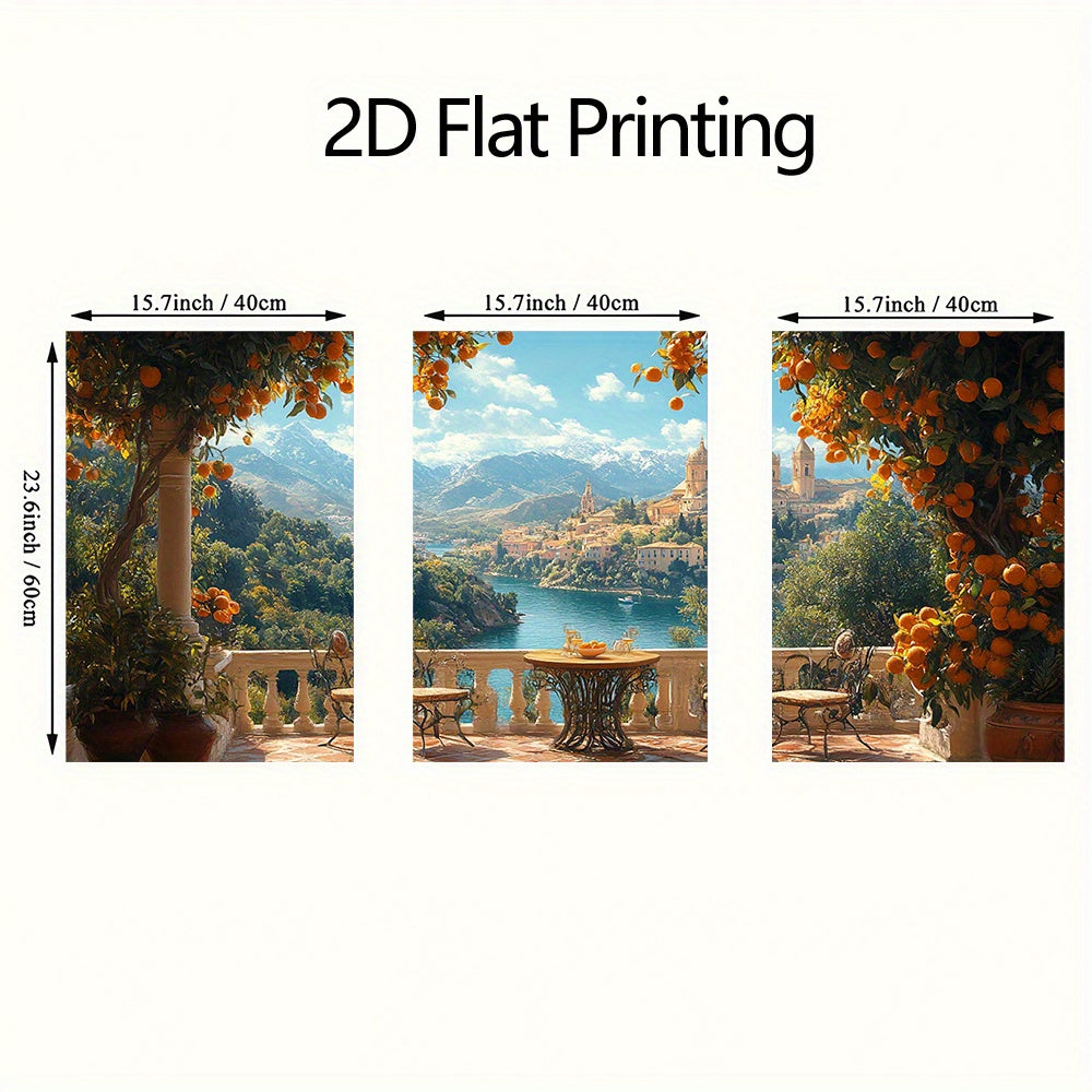 3pcs Andalusia Mediterranean Canvas Art Print, 39.88x59.94cm - Spanish Architecture & Orange Tree Wall Decor, Wooden Frame, Elegant Home or Office Decoration, Spanish Home Decor