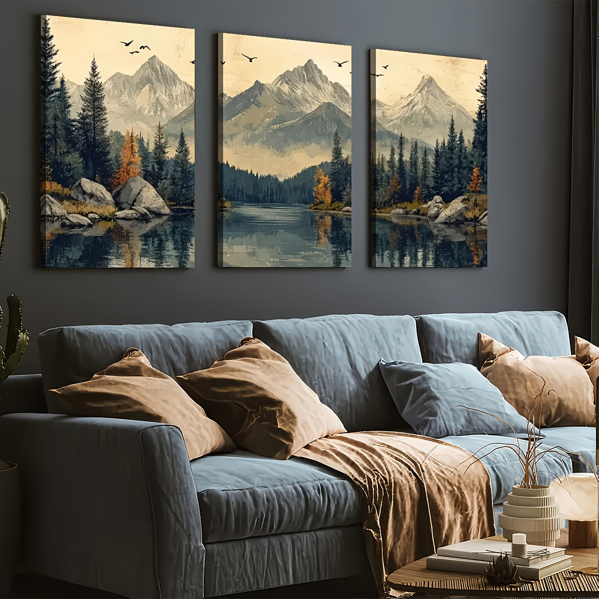2D Flat, 3pcs 2D/Flat print, Framed canvas painting and poster, Ready to Hanging, Modern Wind Natural Forest Mountain Scenery, Home Decor, Wall art, Room Decor, Printing, Holiday gift, Living Room, Bedroom, Dining Room, Offic
