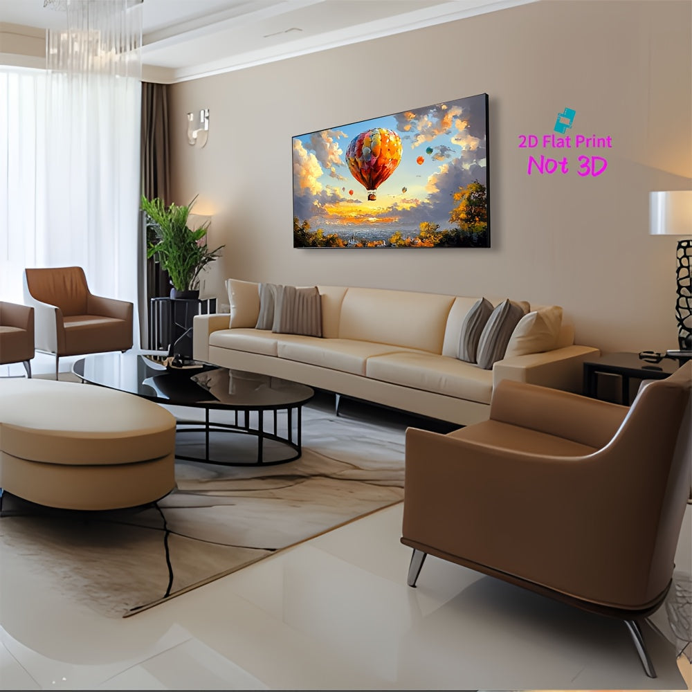 2D Flat, Hot Air Balloons Flying Over A City At Sunset Large Wooden Framed Wall Art Home Decor Canvas Painting- for Bedroom, Bathroom, Living Room, Office, Kitchen, Holiday Gift- 1pc, Office Decor, Home Decoration, Cityscape