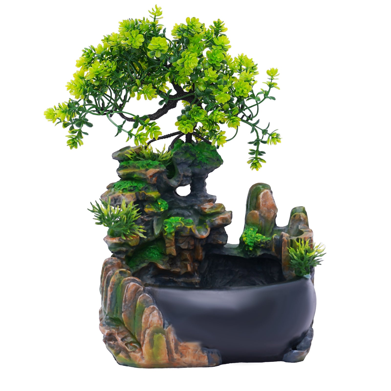 Indoor Resin Rockery Desktop Decoration - Miniature Zen Garden Bonsai Tree with Waterfall & Green Foliage, Self-Sustaining Ecosystem in Jar, No Electricity Needed, Durable Resin Material for Home Office Decor, Holiday Gift (H