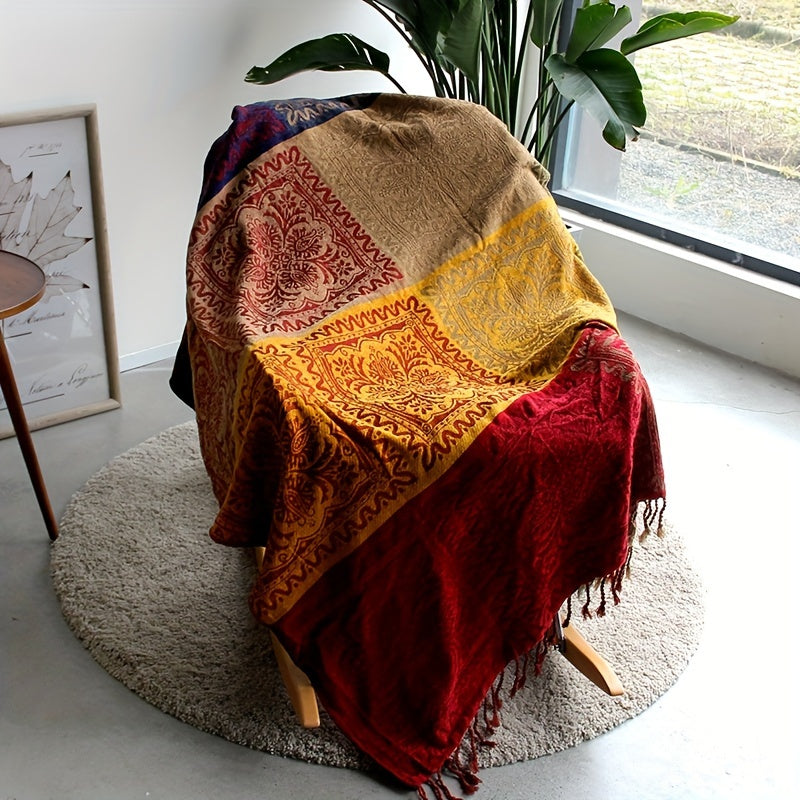 1pc Boho Throw Blanket Nap Blanket Sofa Towel Casual Jacquard Chenille Tassel Blanket Bedspread