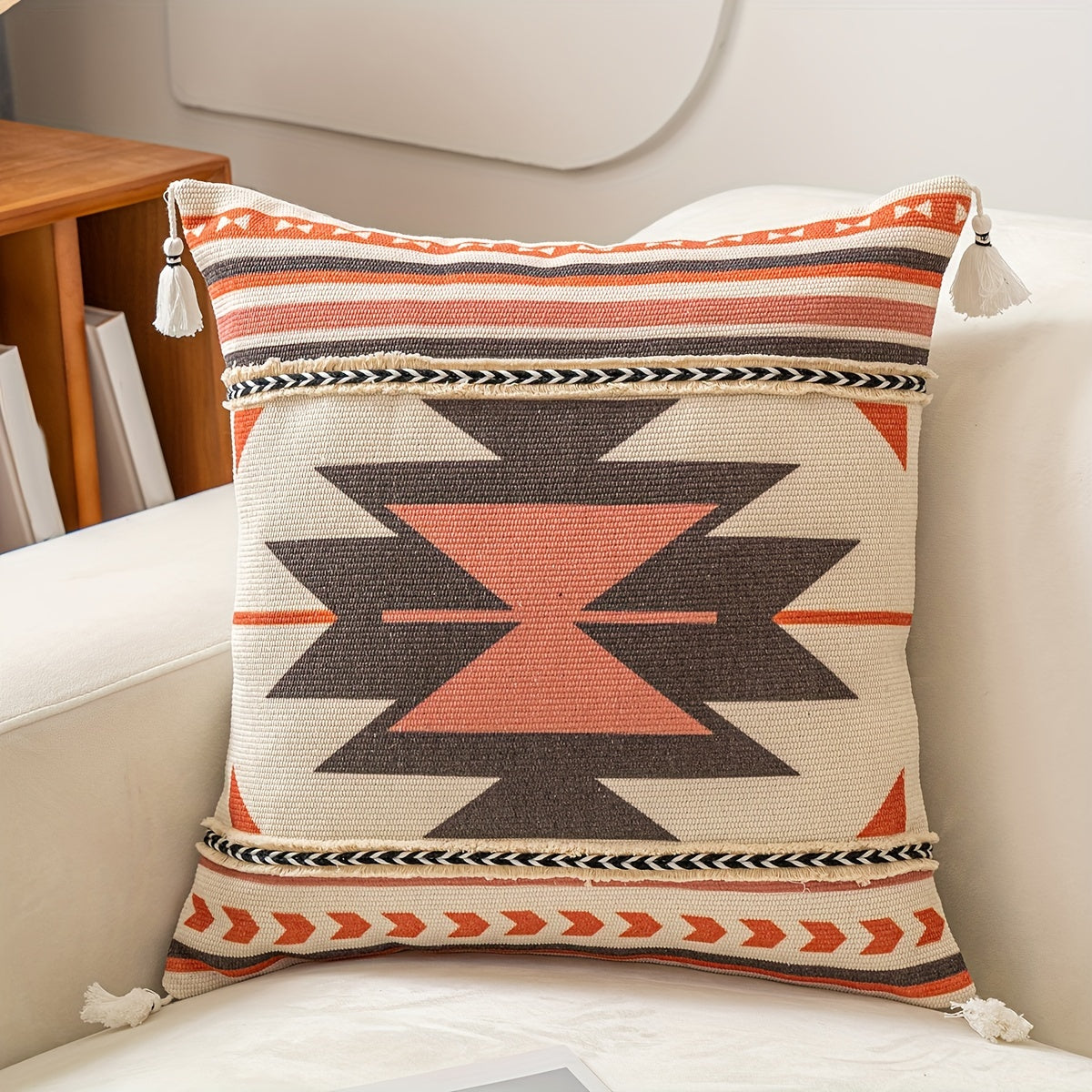 Bohemian Style Woven Throw Pillow Covers with Geometric Patterns and Tassels - Machine Washable Polyester Zippered Square Cushion Cases for Home Decor, Sofa, and Outdoor - 44.96cm Pack of 1