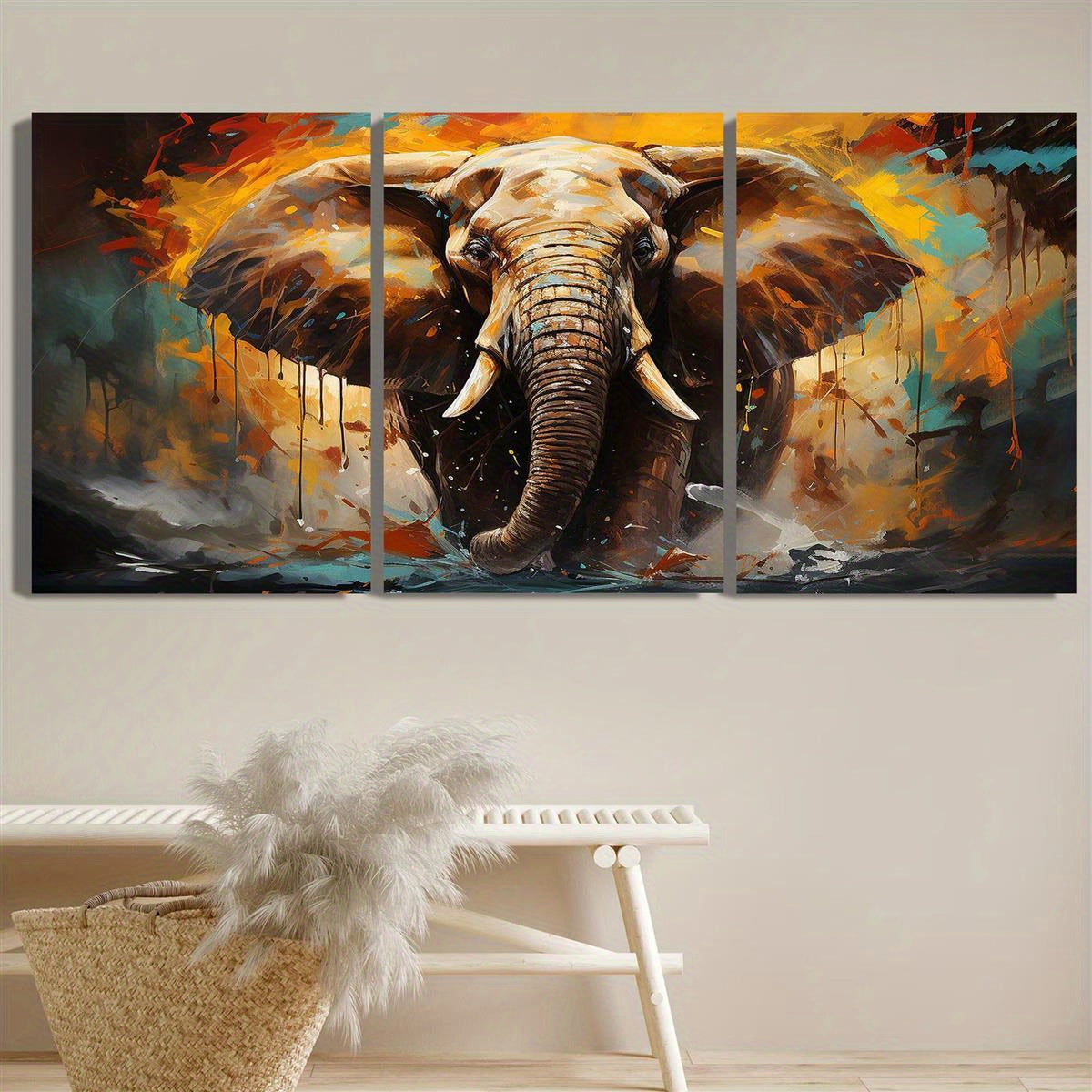 3pcs Wood Frame Canvas Print Decorative Painting, Elephant Illustration, Pop Art, Retro Elephant Illustration, Keywords Wildlife Decorative Painting, Indoor Home Wall Decoration Art