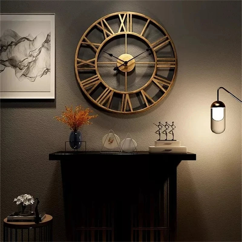 Reloj de Pared Grande Moderno 3D – Números Romanos y Metal Retro