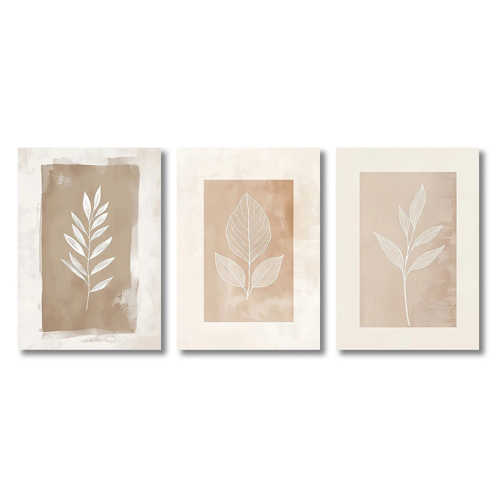 Set de 3 Cuadros Abstractos Minimalistas – Helechos Boho Tonos Cálidos