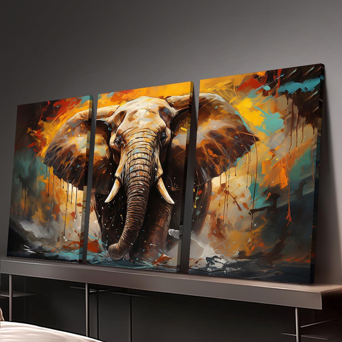 3pcs Wood Frame Canvas Print Decorative Painting, Elephant Illustration, Pop Art, Retro Elephant Illustration, Keywords Wildlife Decorative Painting, Indoor Home Wall Decoration Art