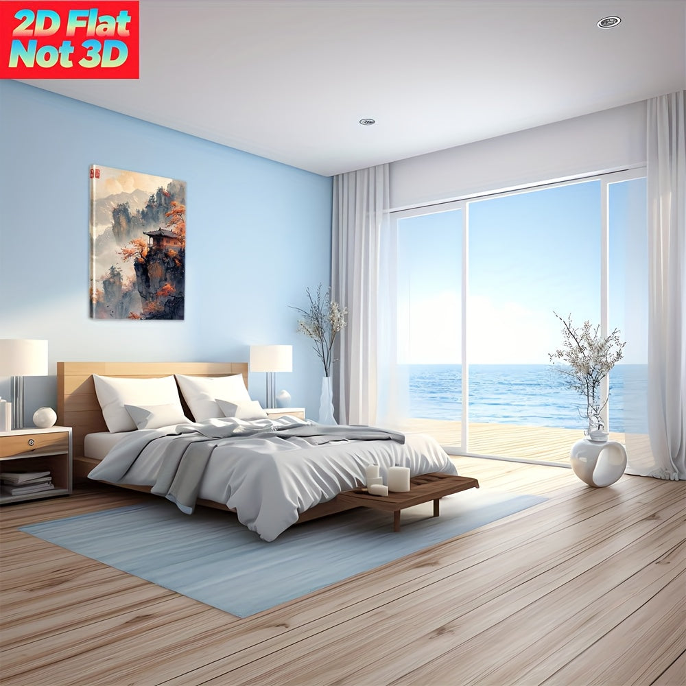 2D Flat, Chinese Mountain Landscape with Red Autumn Trees. Large Wooden Framed Wall Art Home Decor Canvas Painting- for Bedroom, Bathroom, Living Room, Office, Kitchen, Holiday Gift- 1pc, Canvas Wall Art Ready to Hang, Extra