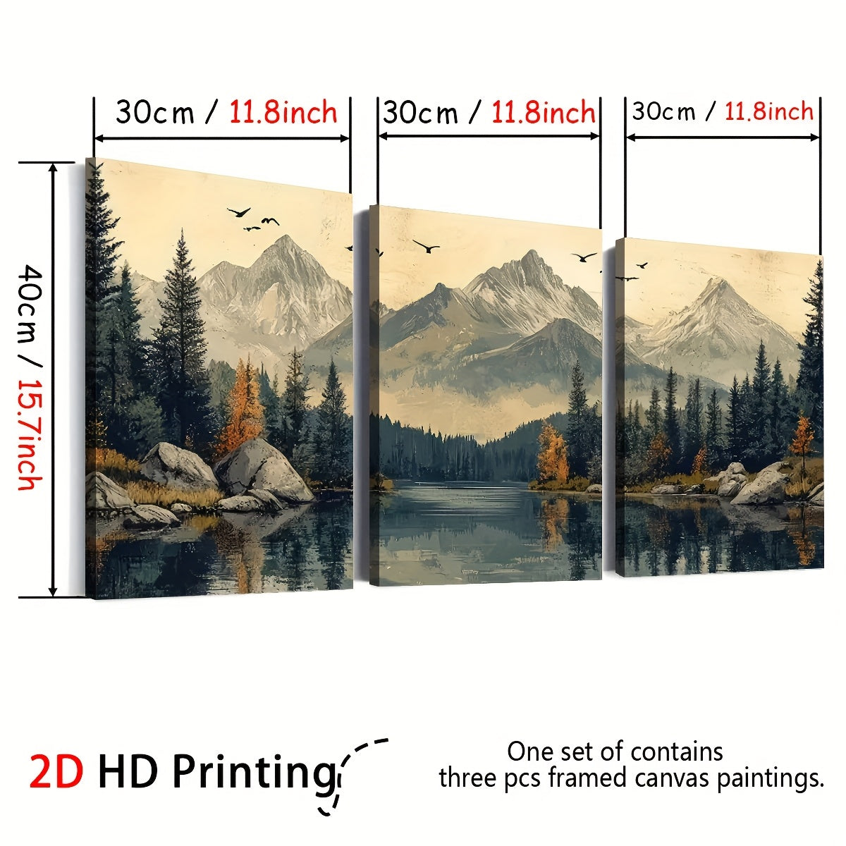 2D Flat, 3pcs 2D/Flat print, Framed canvas painting and poster, Ready to Hanging, Modern Wind Natural Forest Mountain Scenery, Home Decor, Wall art, Room Decor, Printing, Holiday gift, Living Room, Bedroom, Dining Room, Offic