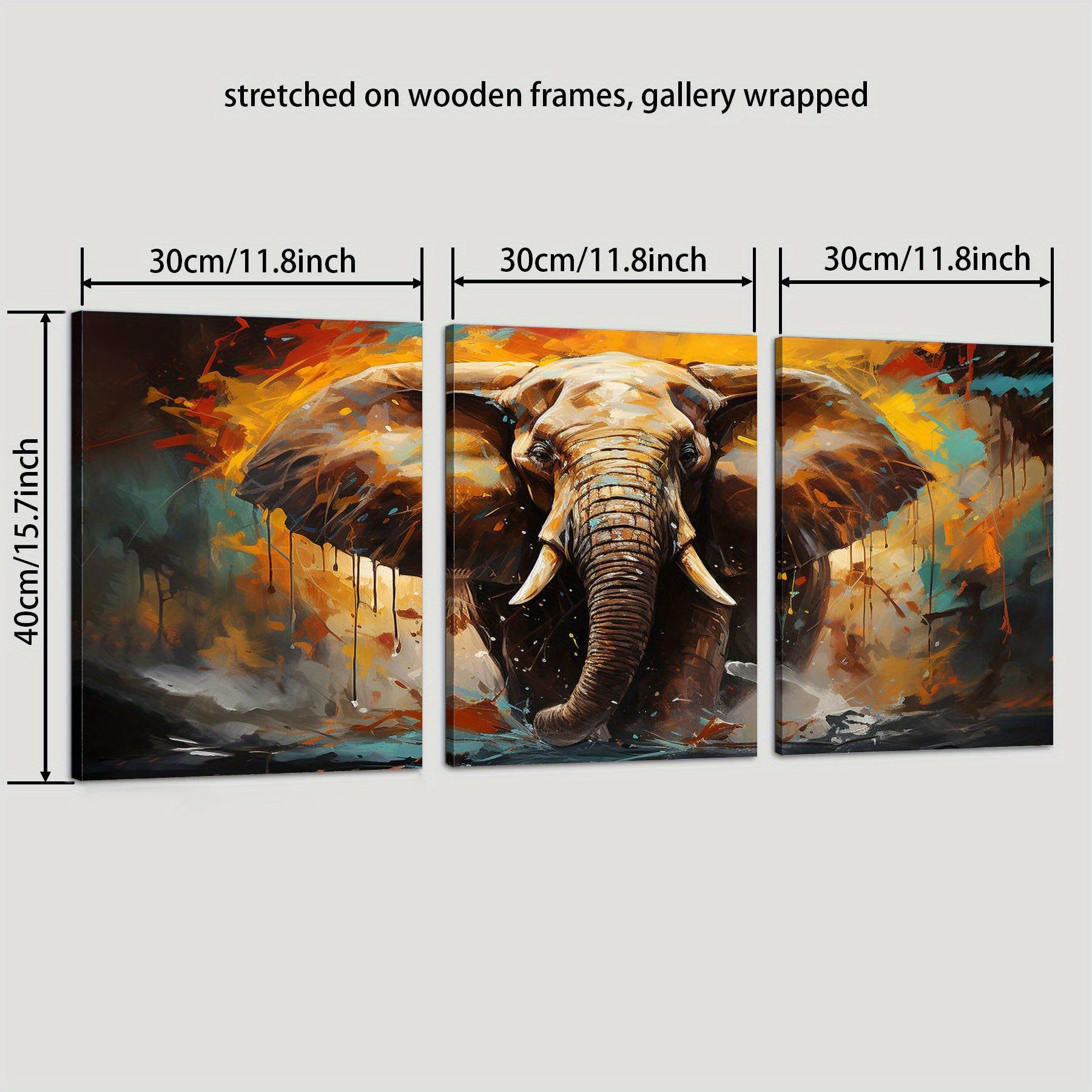 3pcs Wood Frame Canvas Print Decorative Painting, Elephant Illustration, Pop Art, Retro Elephant Illustration, Keywords Wildlife Decorative Painting, Indoor Home Wall Decoration Art