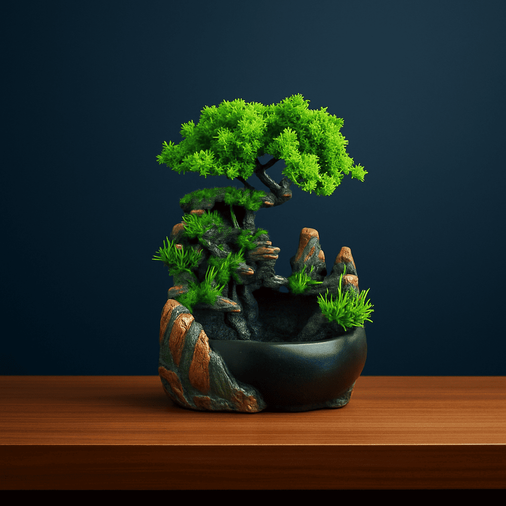 Indoor Resin Rockery Desktop Decoration - Miniature Zen Garden Bonsai Tree with Waterfall & Green Foliage, Self-Sustaining Ecosystem in Jar, No Electricity Needed, Durable Resin Material for Home Office Decor, Holiday Gift (H