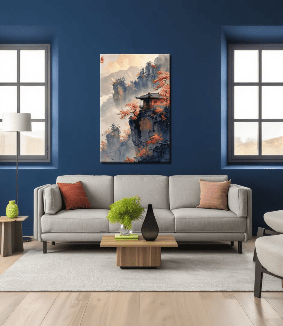 2D Flat, Chinese Mountain Landscape with Red Autumn Trees. Large Wooden Framed Wall Art Home Decor Canvas Painting- for Bedroom, Bathroom, Living Room, Office, Kitchen, Holiday Gift- 1pc, Canvas Wall Art Ready to Hang, Extra