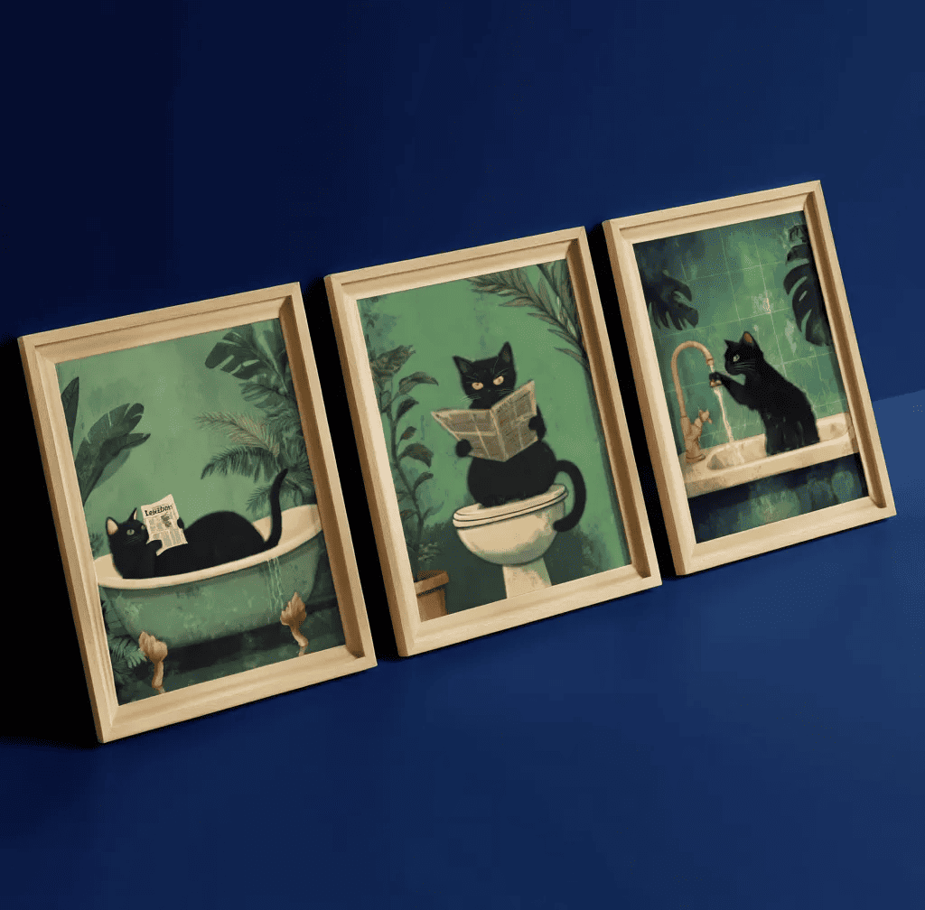 Cuadro Divertido de Gato Verde – Arte para Baño y WC