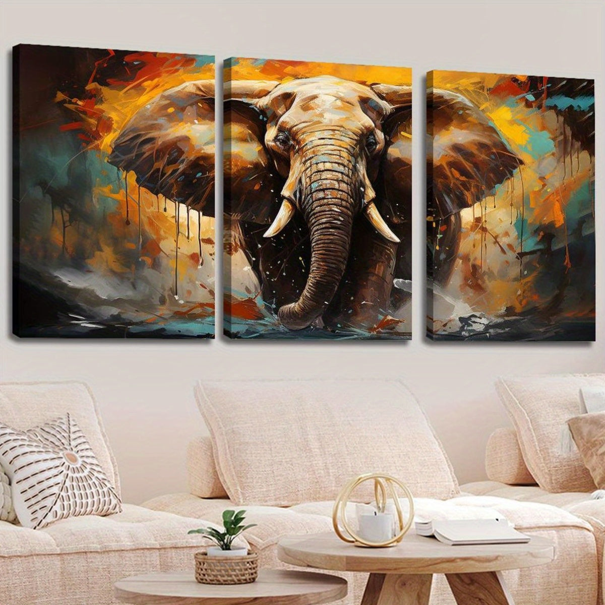 3pcs Wood Frame Canvas Print Decorative Painting, Elephant Illustration, Pop Art, Retro Elephant Illustration, Keywords Wildlife Decorative Painting, Indoor Home Wall Decoration Art