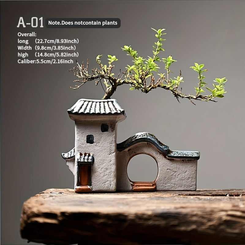 Modern Ceramic Zen House Succulent Planter – Indoor/Outdoor Decorative Bonsai Pot with Pagoda Roof, White Ceramic Miniature Landscape for Home or Office (Plants Not Included), Zen Garden Accessories