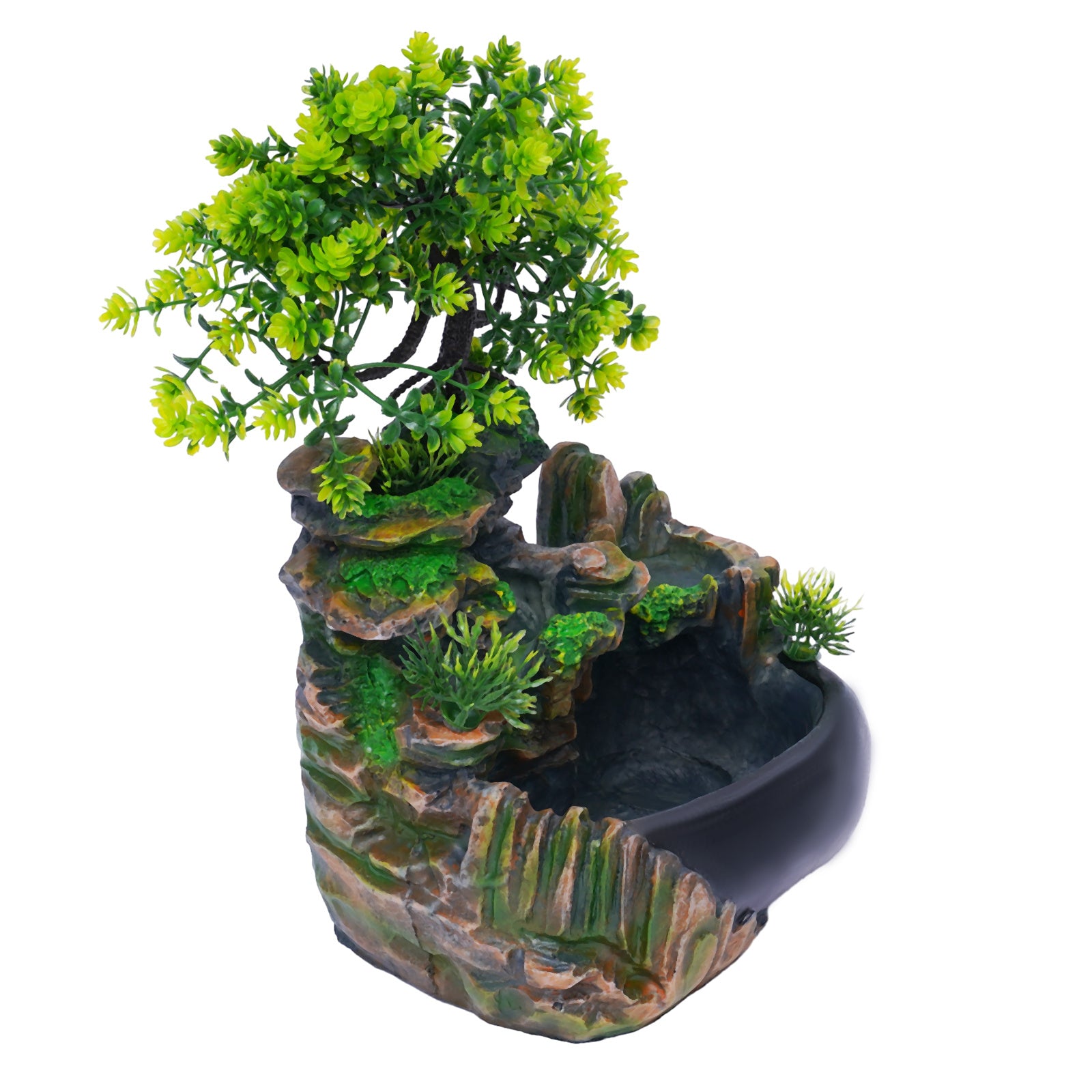 Indoor Resin Rockery Desktop Decoration - Miniature Zen Garden Bonsai Tree with Waterfall & Green Foliage, Self-Sustaining Ecosystem in Jar, No Electricity Needed, Durable Resin Material for Home Office Decor, Holiday Gift (H