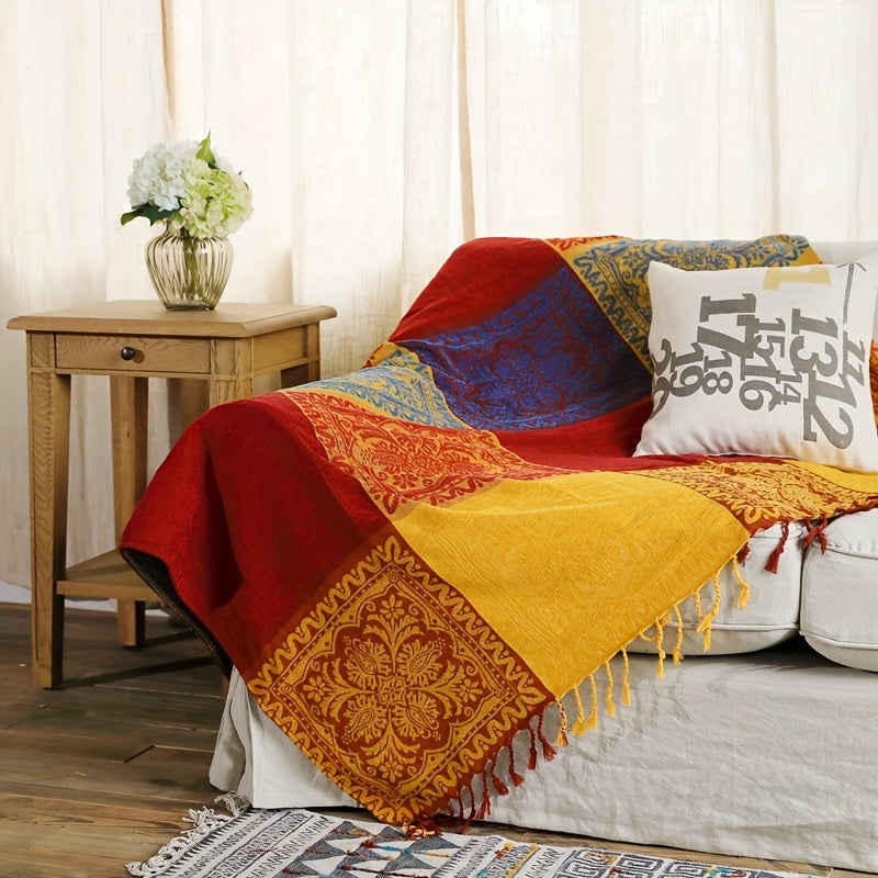 1pc Boho Throw Blanket Nap Blanket Sofa Towel Casual Jacquard Chenille Tassel Blanket Bedspread
