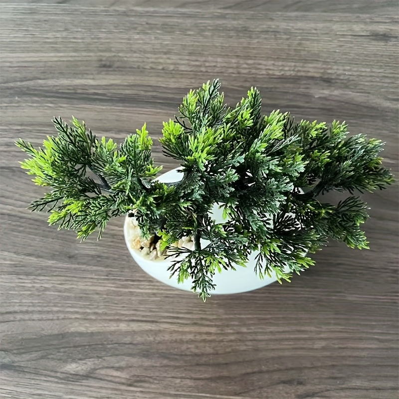 1pc Handmade Artificial Pine Topiary Tree with Lush Green Leaves & Intricate Branches - Realistic Miniature Plastic Plant in Sleek White Pot for Indoor/Outdoor Weddings, Parties, Holidays - All-Season Home & Garden Decor, No