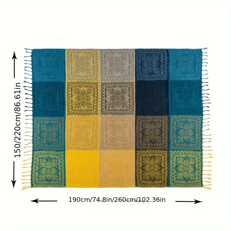 1pc Boho Throw Blanket Nap Blanket Sofa Towel Casual Jacquard Chenille Tassel Blanket Bedspread