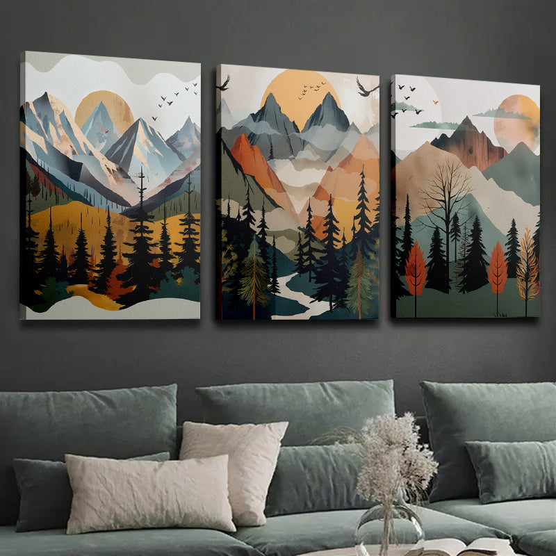 3 Framed Canvas Paintings And Posters, Ready to Hang, Including Frame, Abstract Mountain Forest Landscape Home Decor, Wall Art, Room Decor, HD Print, Holiday Gift, Living Room, Bedroom, Dining Room, Office Decor Painting with