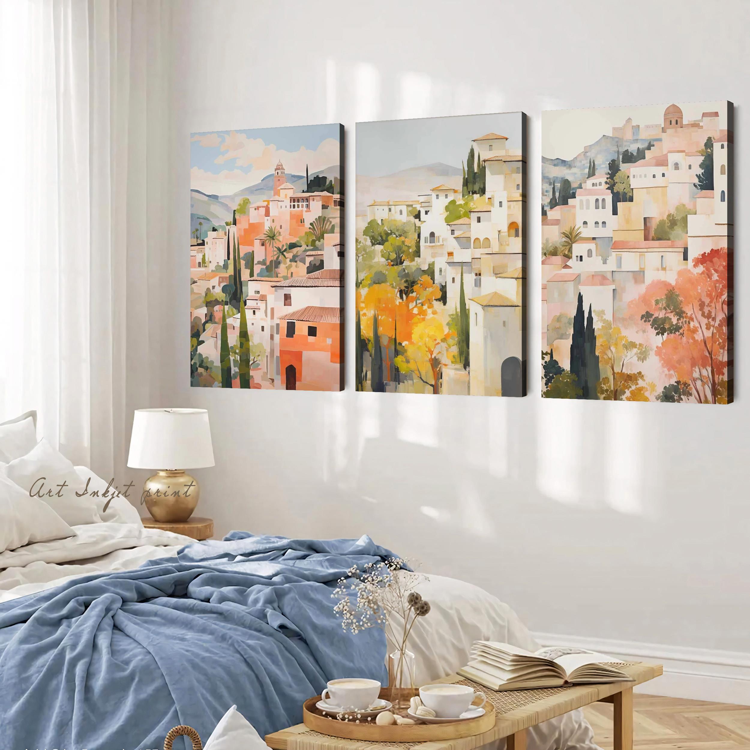 3pcs of Wood Frame Canvas Print Decorative Painting, Granada Spain Posters, Spanish Travel Prints, Spain Travel Art, Floral Wall Art, Spain Art Poster, Tropical Floral Art--Interior Home Wall Decoration Ar