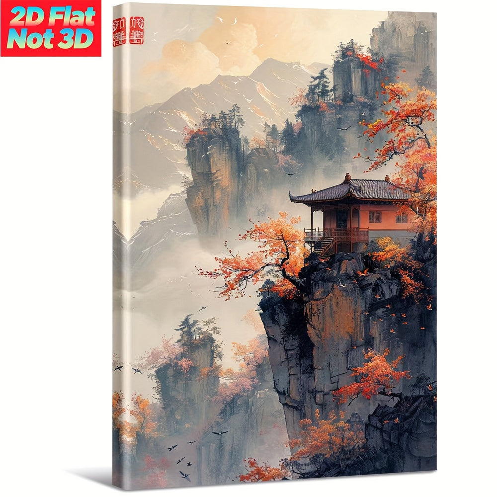 2D Flat, Chinese Mountain Landscape with Red Autumn Trees. Large Wooden Framed Wall Art Home Decor Canvas Painting- for Bedroom, Bathroom, Living Room, Office, Kitchen, Holiday Gift- 1pc, Canvas Wall Art Ready to Hang, Extra