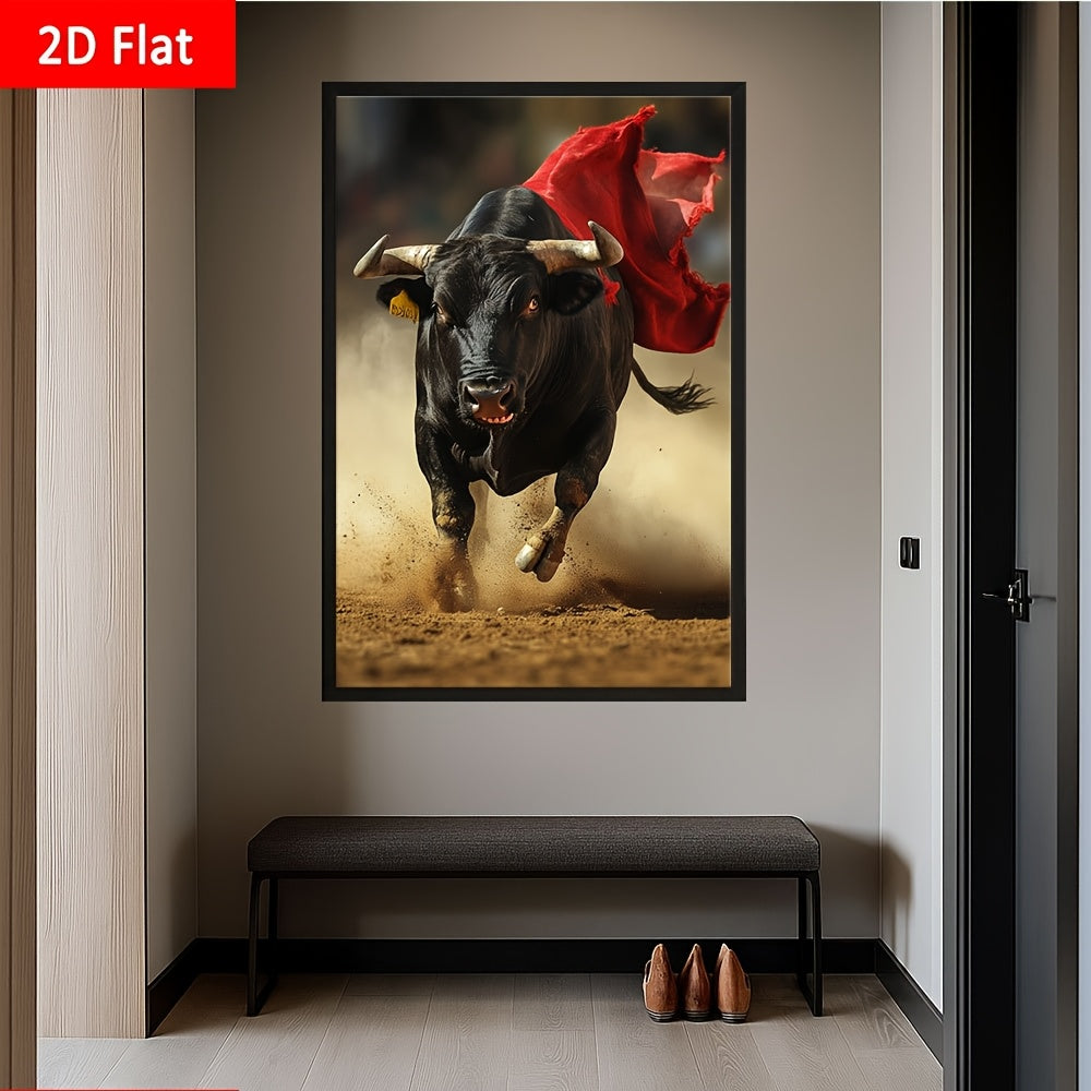 1pc Large Framed Canvas Wall Art - Charging Bull with Red Cape, Dramatic Spanish Painter Style - Ready-to-Hang Office, Living Room, Dining Decor - Perfect Gift for Birthday, Wedding, Housewarming - Canvas Print with Hook Inst