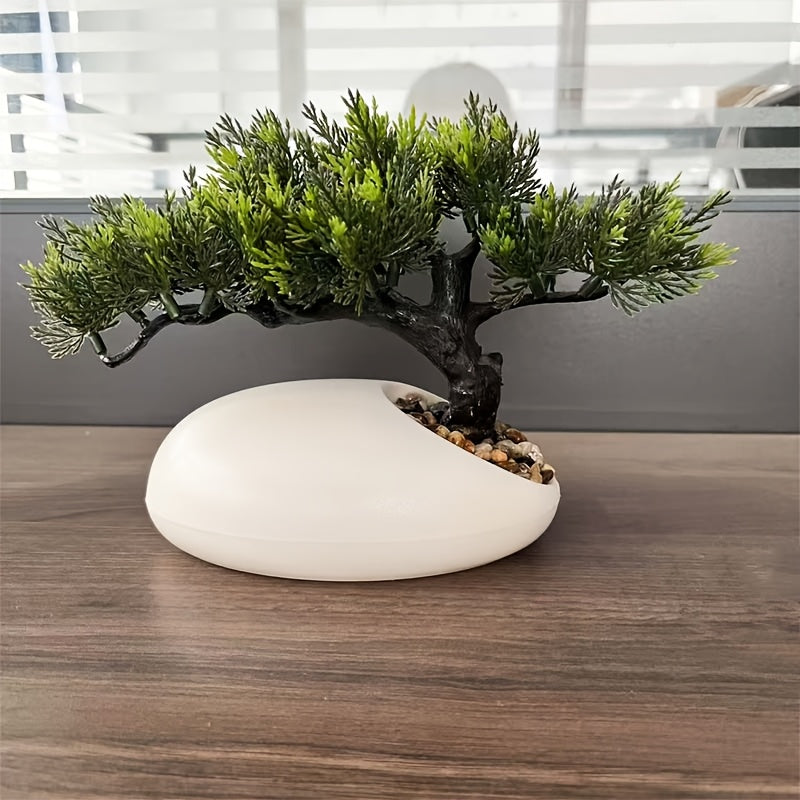 1pc Handmade Artificial Pine Topiary Tree with Lush Green Leaves & Intricate Branches - Realistic Miniature Plastic Plant in Sleek White Pot for Indoor/Outdoor Weddings, Parties, Holidays - All-Season Home & Garden Decor, No